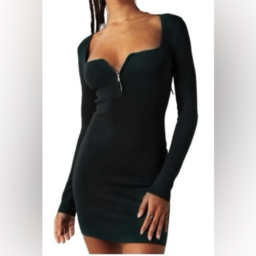 Abercrombie & Fitch Dark Green Bodycon Dress Zip Front Long Sleeve Small